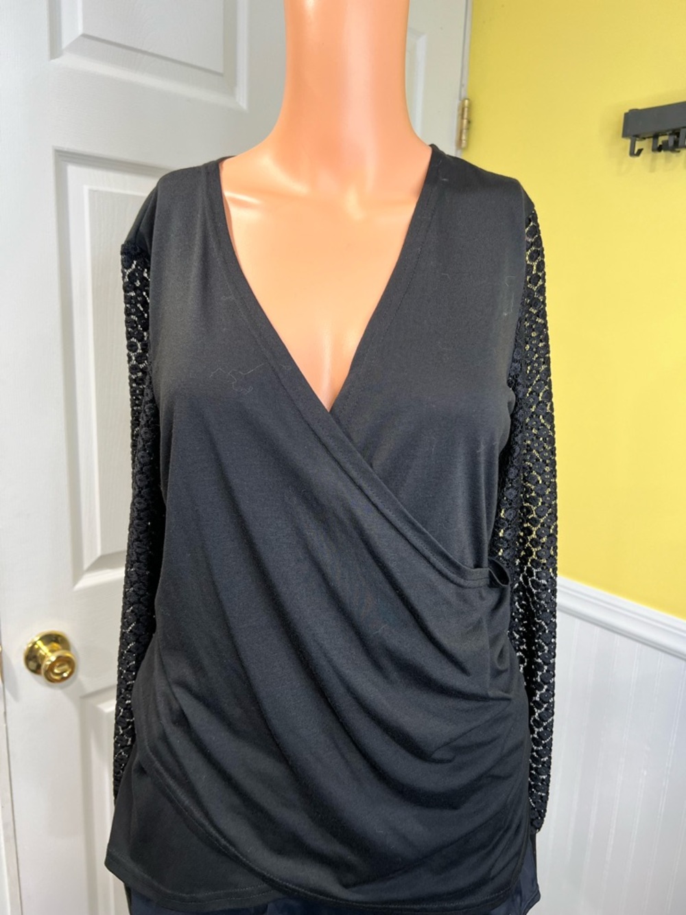 Black Surplice Top with Sequin Lace Sleeves